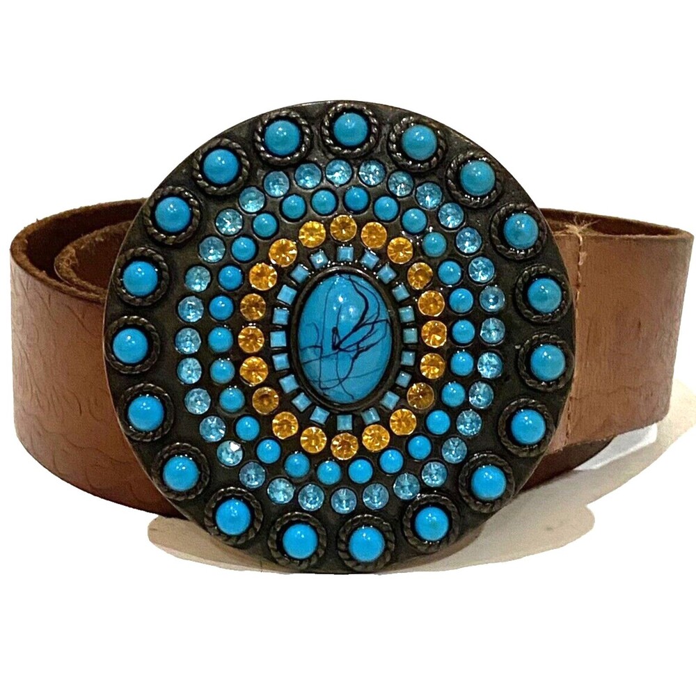 Olga Santini Leather Belt Turquoise Concho Rhinestone Western Cowgirl Boho Sz S